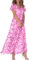 Generic Women's Casual Floral Maxi Dress Rose Red 3XL V-Neck Mid Waist Ruffle 3/4 Sleeve Spring Summer Party Dress