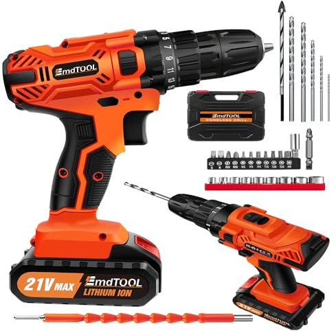 Akkuschrauber 21V Akku Bohrschrauber, Orange Akkubohrschrauber mit 1X1,5Ah Akku Bohrschrauber, 3/8-Zoll Schnellspannfutter, Drehmoment 25+1 45Nm Max schlagbohrschrauber, LED-Licht und Koffer