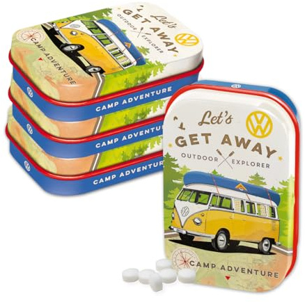 Nostalgic-Art Retro Pillendose, 4 x 6 x 1,6 cm, VW Bulli – Let's Get Away (4er-Set) – Volkswagen Bus Geschenk-Idee, Original Lizenzprodukt (OLP), mit Pfefferminz-Dragees, Vintage Design