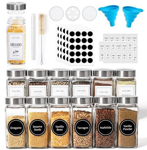 Xsiuyue 12 Pack Spice Jars with Lid Label, 4oz Square Spice Bottle Set for Kitchen Salt Pepper Spice and Herb Storage and Organization with 12 Pcs Lids, 1 Pen,1 Hose Brush and Funnels