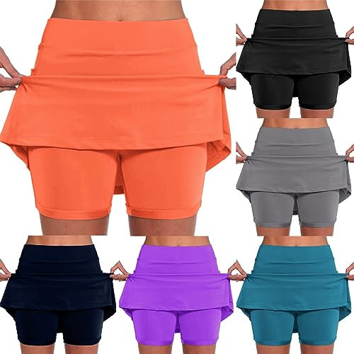 AMDOLE Jupe Short Femme avec Poches Sport Décontracté Jupe Couleur Unie Jupe Taille Moyenne Pantalons- La Randonnée, La Course, Le Cyclism Solide Taille Pas Cher ﻿ (01A-Orange, L) Pre