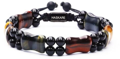 HASKARE Armband Herren Stein Tigerauge Armbänder, Echte Stein Einzigartig Kristallstein Armband Herren Perlen Tigerauge Armband für Männer, Schutz Armband Geschenk für Ihn Vater (Large)