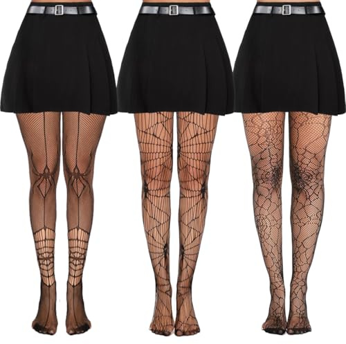 Netzstrumpfhose Schwarz Halloween, Halloween Strumpfhose Damen, Strumpfhose Spinne, Totenkopf Strumpfhose, Spinnennetz Strumpfhose,Halloween Zubehör Damen, Tag der Toten, Fishnet Tights für Erwachsene
