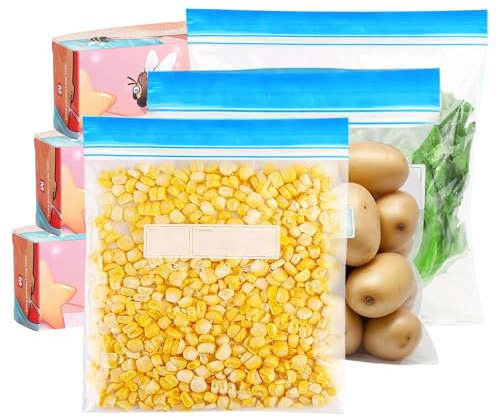 Freezer Bags, 75Pcs Ziplock Bags Food Reusable Sandwich Bags Storage Bags with Expandable Bottom BPA Free Seal Freezer Bags for Fruit,Vegetable, Meat and Snack