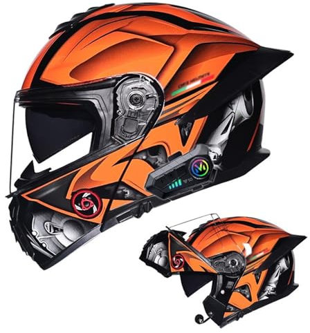 YPDOPORA Bluetooth-Modularhelme Für Motorradfahrer, DOT-Geprüfte Klapphelme Mit Doppelvisier Und Großem Heckflügel, Eingebauter Doppellautsprecher Mit Mikrofon,Orange,M54~55CM