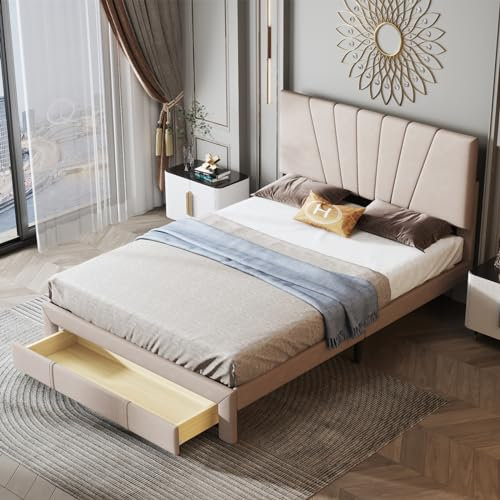 ADFUNIT Polsterbett Doppelbett 140x200 cm, Stauraumbett mit Lattenrost, Bettgestell mit Rückenlehne und großen Schubladen, Flanellstoff, Champagner-Farbe(ohne Matratze)