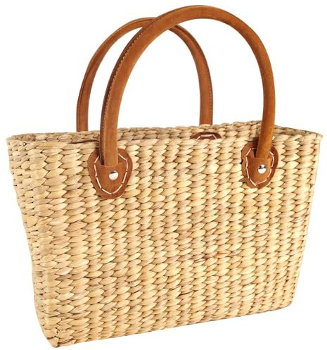 Kobolo Tasche Korbtasche Flechttasche aus Wasserhyazinthe - Lederhenkel (S)