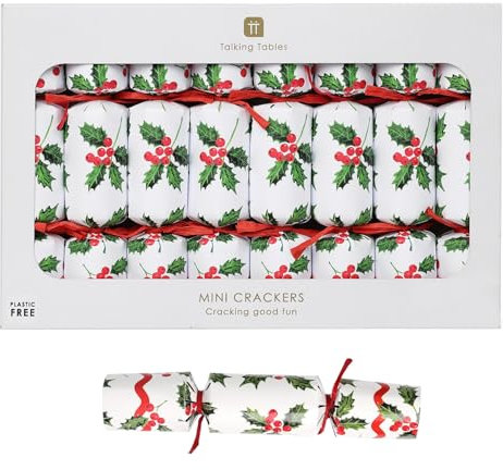 Talking Tables 8 x Mini Christmas Crackers with Fun and Games, Party Hat, Botanical Holly White Design Eco-Friendly Xmas Tableware, Recyclable