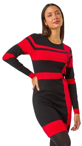 Roman Knitted Jumper Dress for Women UK - Ladies Colour Block Winter Autumn Smart Casual Office Bodycon Workwear Everyday Long Sleeve Knee Length Knit Pocket