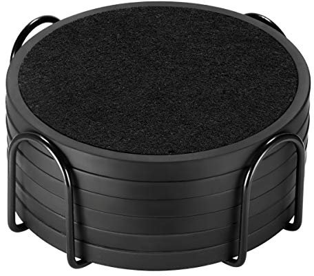 Absorbent Coasters for Drinks with Holder - 6packs, Silicone Coasters with Soft Felt Insert, Black
