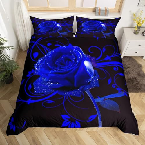 feelingyou Blue Rose Duvet Cover,Kids Vintage Flowers Bedding Set,Botanical Floral Comforter Cover for Boys Girls Room Decor,Rose Print Bedspread Cover Single Size with 1 Pillow Case(No Comforter)