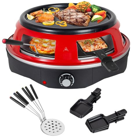 Todeco Four à pizza électrique 3 en 1, 1200W, avec 6 mini pelles à pizza, 6 Poêle à fromage, Plat de cuisson amovible, pour mini pizza de ⌀ 10 cm, griller et crêpes, pour 6 personnes