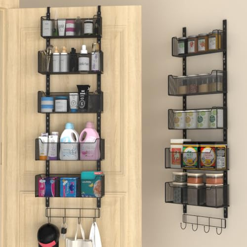 NEYCIL Über-der-Tür-Organizer, 5-stufig, 4 verstellbare Körbe und 8 Haken, freistehender Hänge-Organizer für die Tür, Aufbewahrung an der Türrückseite, geeignet für Küche und andere Räume, Schwarz