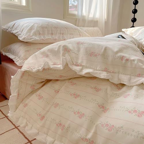 GETIYA Elegant Hellrosa Blumen Bettwäsche 135x200 Baumwolle Bettwäsche Damen Mädchen Blümchen Bettbezug Zweiteilig Rüschen Bettwäsche Weiß Rosa Blumen Bettwaesche mit 1 Kissenbezug 80x80
