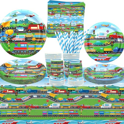 Transportation Party Supplies - Transportation Party Tableware - Dinner Plates Desserts Plates Cups Napkins Tablecover Straws for for Truck Cars Construction Baby Shower Supplies, Serves 20 (20)