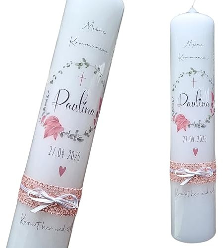 Taufkerze, Kommunionkerze -Paulina- für Mädchen mit Blumenkranz Rosa Kreuz Herz, mit Leitspruch: Kommt her und esst, Name, Datum