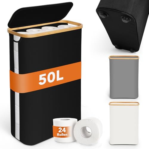 SOUTHGATE 50L Toilet Roll Storage with Bamboo Lid, Large Toilet Paper Storage Box for 16-24 Toilet Roll, Visibility Toilet Roll Basket with Feet, Bathroom Organizer with Handle, Black