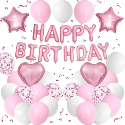 DazzJoy Happy Birthday Ballon Rosa Weiß Set, Geburtstagsdeko Rosa Weiß Ballons, Helium Luftballons Geburtstag Deko, Rosa Happy Birthday Luftballon für Kindergeburtstag Deko Mädchen, Frau Deko