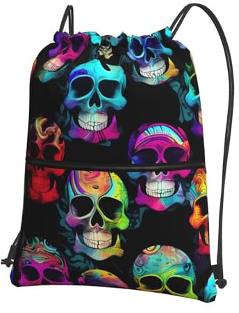 Turnbeutel Farbiger Totenkopf Drawstring Bag Wasserdicht Kordelzug Rucksack Große Kapazität Pe-Beutel Für Fußball Schwimmen Strand 39X46Cm