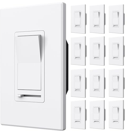 Amico 12 Pack Dimmer Light Switch, 1-Pole or 3-Way, Horizontal Slide, White