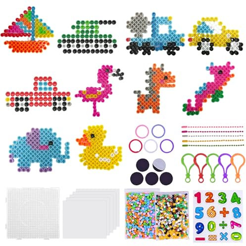 Große 10mm Bügelperlen Set, 1000 Stück XL Steckperlen mit Platten, 10 Fahrzeuge Tiere Muster und 5 Bügelpapier mit Aufkleber Kette Schlüsselanhänger für Kinder ab 3 Jahren