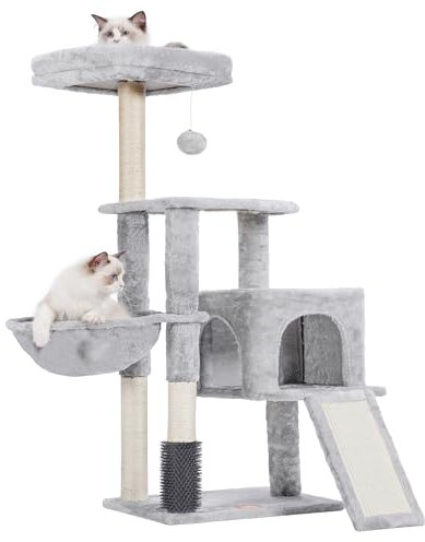 Heybly Arbre à Chat, Brosse de Nettoyage Automatique, Arbre à Chat Domestique Robuste avec Peluche Polie, Chaise Longue, Bac à Litière avec Panneaux et Griffoir, Gris Clair HCT005SW