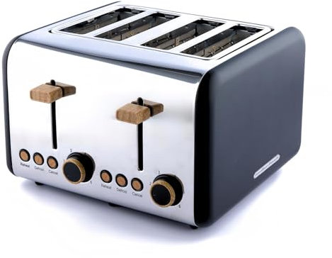 Hamilton Beach Toaster 4 Slice, Scandi, 1500W, 6 Browning Controls, Defrost, Reheat & Cancel Settings, Removable Crumb Tray, Matte Black with Wood Effect - HBT02MB