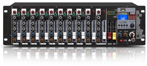 Professional Rackmount Audio Mixer with 8-Input Microphone Preamplifiers, 3-Band EQ, USB/MP3 Playback, XLR Inputs for Studio Recording