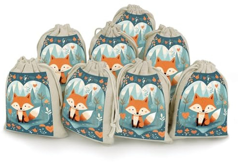 FZQVSGW Geschenktüten mit Fuchs und Herz, wiederverwendbare Geschenktüten mit Kordelzug, für Party-Dekorationen, 8 Stück