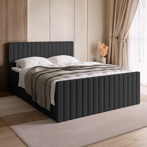 BROMARKT Boxspringbett 140x200 mit Bettkasten Topper Härte H3 Schwarz | Doppelbett mit Bonellmatratze gepolsterte Kopfstütze Fußteil Polsterbett Bett Bed Jugendbett Einzelbett hinterteil DREAM DUO