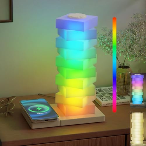 LOGT RGB Atmosphärenlampe mit 15W Kabelloses Laden Nachttischlampen mit Touch Schalter Tischlampe Stimmungslicht Dimmbar 16 Farbwechselnde Lampe Innen Wireless Charger Tischleuchte USB Steckerkabel
