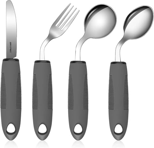 CEOTIS 4-Teilig, Easy Grip Besteck 42° Winkel Besteck mit Dickem Griff Behinderten Esshilfen Rutschfeste Griffe Löffel Messer Gabel Besteckfür für Handzittern Arthritis Parkinsons Rechtshänder