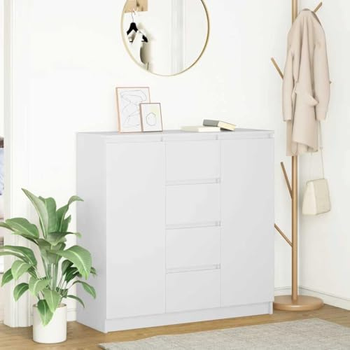 HETFTJN Sideboard Weiß 100,5 x 35 x 98,5 cm Holzwerkstand Holzwerkstoff Korpus mit 4 Schubladen 2 Türen 4 Regalböden Modernes Design Stauraumwunder für Wohnzimmer Flur Büro Küche Esszimmer