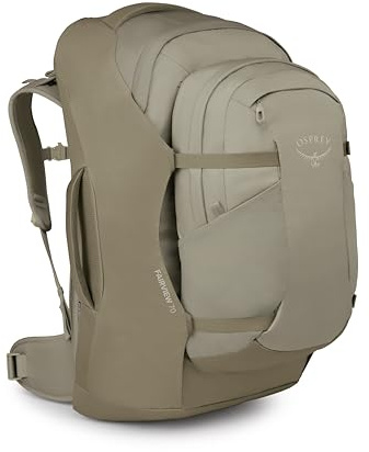Osprey Fairview 70L Damen Reiserucksack - Große verstellbare Reisetasche mit abnehmbarem Tagesrucksack, Sawdust-Olive Tan
