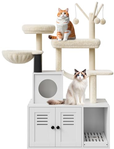 Meuble pour Litière avec Arbre à Chat en Bois,Cache Litière et Griffoir Combiné 2-en-1 avec Cabane Intégrés& Plateforme Doudou,Meuble Chat Moderne pour Jouet et Lieu de Repos-Blanc