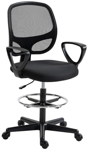 HOMCOM Chaise Bureau Ergonomique avec Repose-Pieds et Accoudoirs Noir | Chaise À Dessin En Maille, Hauteur Réglable, Soutien Lombaire, Pivotant 360°, pour Studio Travail À Domicile