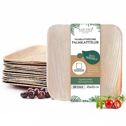 Plantvibes Palmblatt teller, 20cm x 25 Stk umweltfreundliches Palmblattgeschirr zu 100% kompostierbar & CO2 neutral, Bio Einweggeschirr aus Areca Palmblatt, Einwegteller palmblatt geschirr