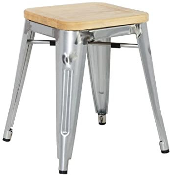 Bolero Tabouret Bistro Bas en Acier avec Assise en Bois (Lot de 4), Structure en Acier galvanisé et Assise en frêne, empilables, Hauteur d'assise : 450 mm, GM634