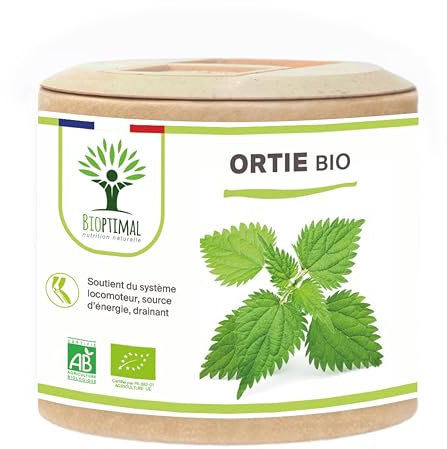 Ortie Bio - Bioptimal - Complément Alimentaire - Silicium Organique - Poudre de Feuille Ortie Pure - Articulation Peau Circulation - 250 mg/gélule - Cultivé en France - Certifié Ecocert - 60 gélules