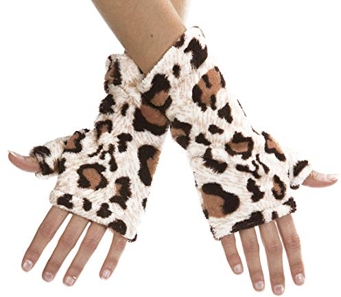 NET TOYS Kuschelige Leoparden Handschuhe ohne Finger - Beige-Braun - Originelles Damen-Kostüm-Zubehör Handstulpen im Leo-Look - Passend gekleidet für Fasching & Karneval