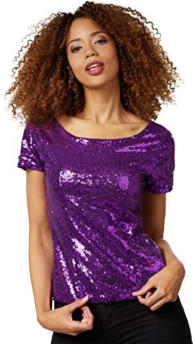 dressforfun 901013 Damen Pailletten Top, Glitzer Kurzarm Oberteil, lila - Diverse Größen - (S)