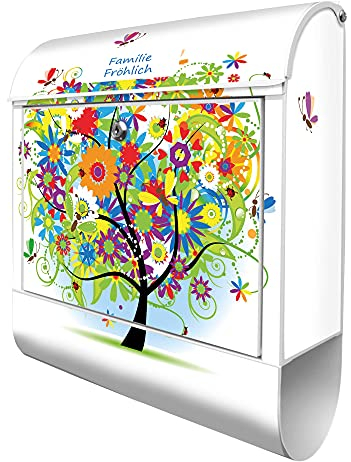 banjado® Design Briefkasten personalisiert mit Märchenzauberbaum 38,5x46,5x13cm & 2 Schlüssel - Briefkasten Stahl weiß mit Zeitungsfach pulverbeschichtet - Postkasten A4 Einwurf inkl. Montagematerial