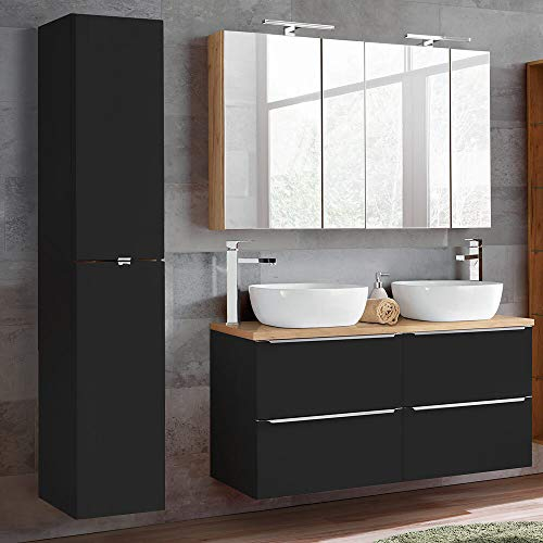 Lomadox Badmöbel Komplett-Set 120 cm Doppelwaschplatz, 2 Keramik-Waschbecken, Hochschrank, 2 Spiegelschränke mit LED Beleuchtung seidenmatt anthrazit & Wotaneiche
