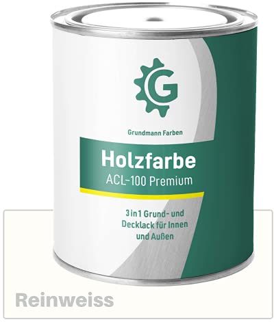 Grundmann Holzfarbe ACL 100 - Holzlack 10 Kg Weiss - 4in1 inkl. Grundierung - Seidenmatt - Wetterfest für Innen und Außen - RAL 9010 Reinweiss