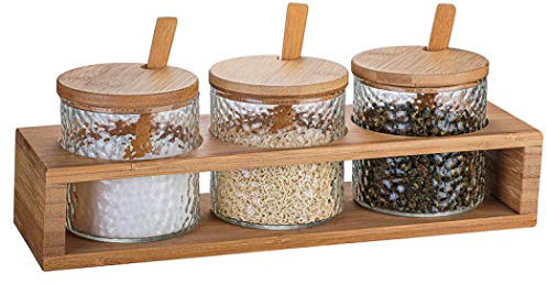 Glass Condiment Jar Spice Container Seasoning Box Set, Condiment Container Kitchen Cruet Seasoning Pots with Bamboo Wooden Spoon Lid and Base --for Sugar Coffee Salt Spices and Pepper (3 pieces)