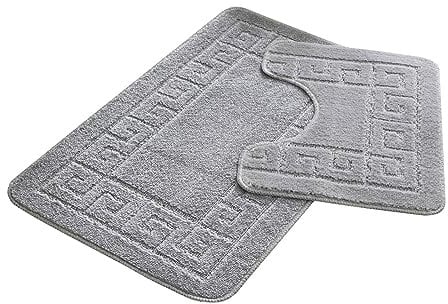 FAIRWAYUK Bathroom Mats Sets 2 Pieces, Ultra Plush Greek Pattern Bath Toilet Mat Anti Slip Pedestal Set, Extra Absorbent 100% Polypropylene Rug, Bathroom Accessory (Silver)