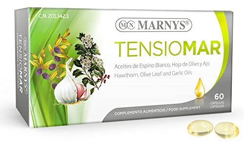 Marnys Tensiomar Para la tensión arterial, Favorece la Normal Función del Corazón, Cápsulas de Aceite de Espino Blanco, Olivo y Ajo, 60 Cápsulas