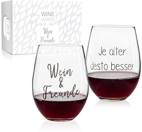 ILP 2er Set Weinglas Geschenkset 500 ml - Wein Geschenk mit witzigem Weinglas Spruch Wein & Freunde - Geschenkset Weihnachten für Paare Frauen Männer - Kleine Weihnachtsgeschenke für Kollegen