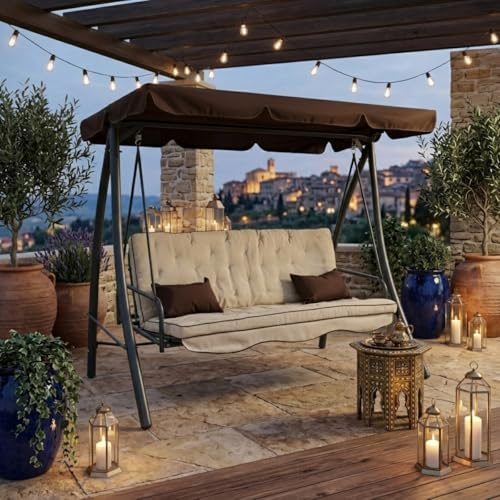 Dondolo Altalena da Giardino 3 Posti con Tetto Parasole Regolabile Convertibile in Letto Struttura in Acciaio e Tessuto Impermeabile Grigio Marrone