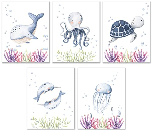 Calmondo 5 Kinderbilder Poster mit Meerestieren Qualle Schildkröte Wal Bilder für Kinder Wand-Dekoration für Kinderzimmer Geschenk für Mädchen Jungen | A4 ohne Bilderrahmen | Mit Kinder-Mappe